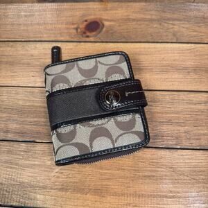 Coach Signature Stripe Khaki Canvas Brown Slim Medium Wallet Zip Coin